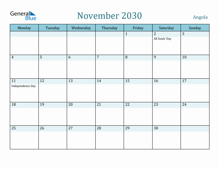 November 2030 Calendar with Holidays