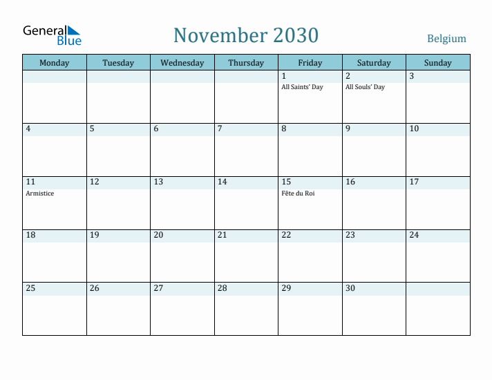 November 2030 Calendar with Holidays