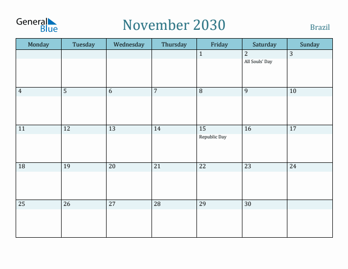 November 2030 Calendar with Holidays