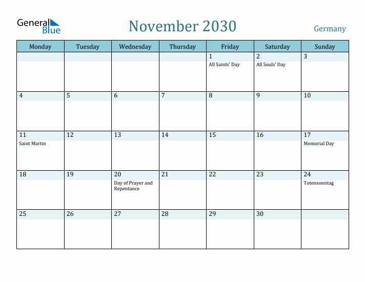 November 2030 Calendar with Holidays