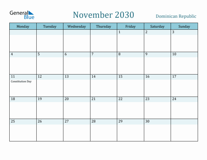 November 2030 Calendar with Holidays