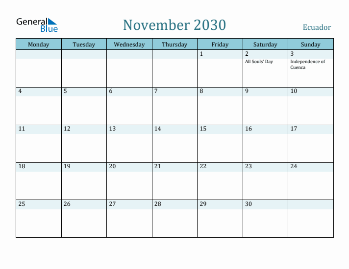 November 2030 Calendar with Holidays