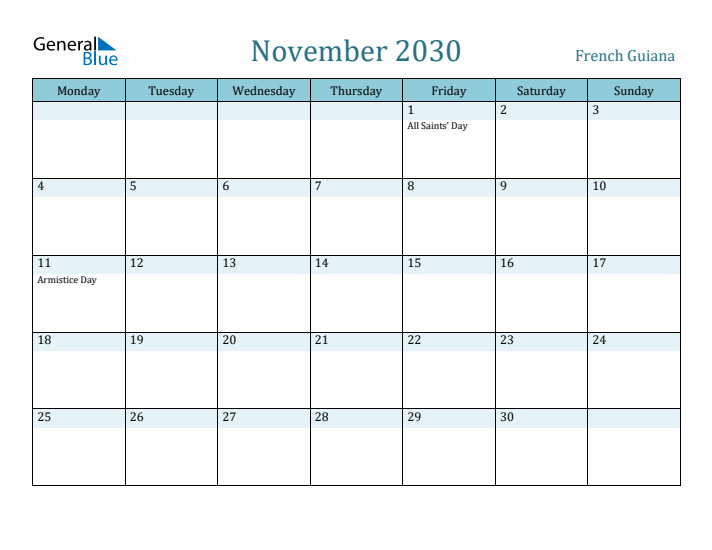 November 2030 Calendar with Holidays