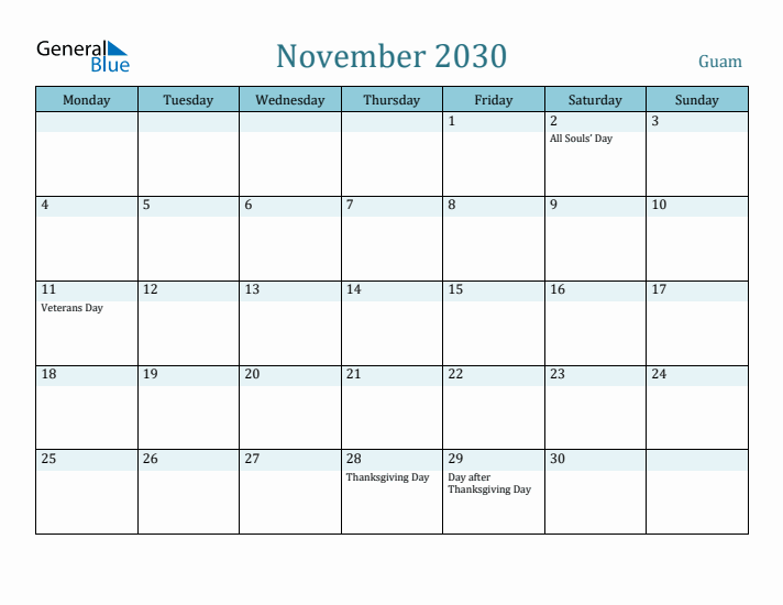 November 2030 Calendar with Holidays