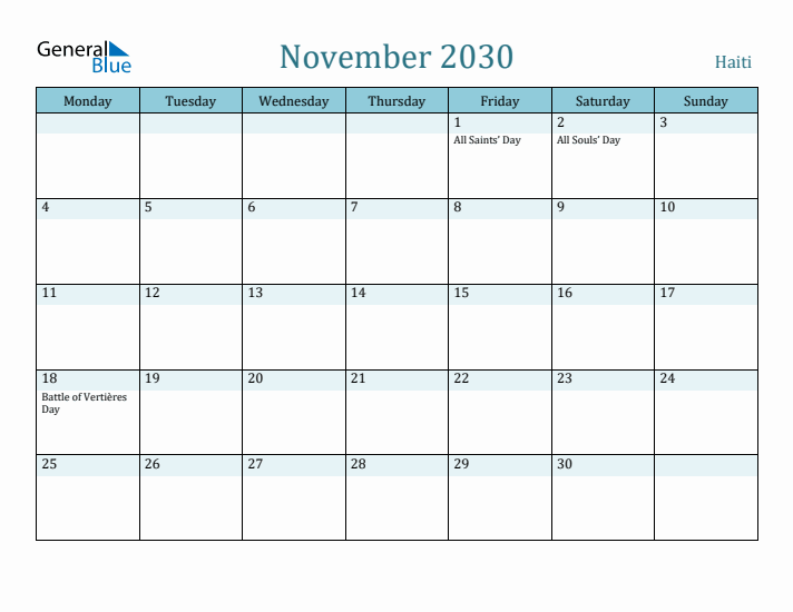 November 2030 Calendar with Holidays