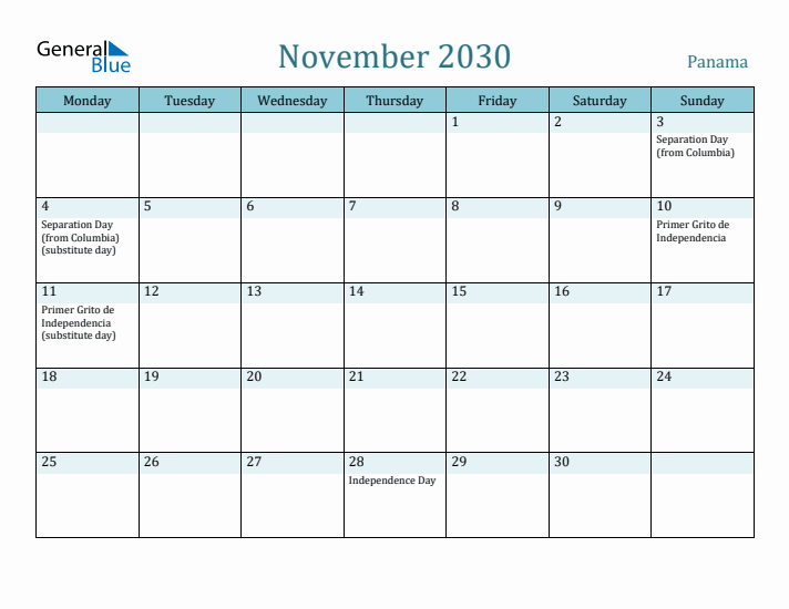 November 2030 Calendar with Holidays