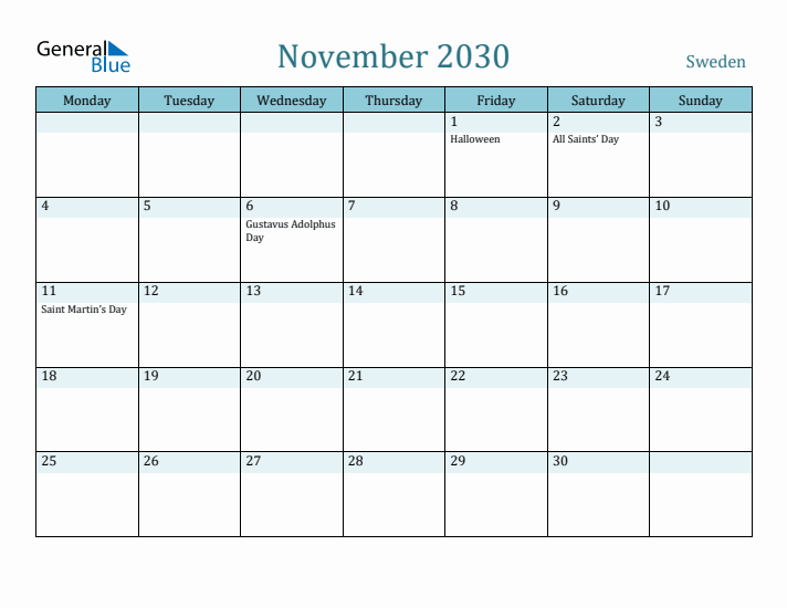 November 2030 Calendar with Holidays