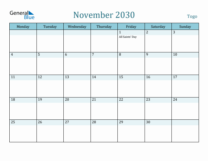 November 2030 Calendar with Holidays