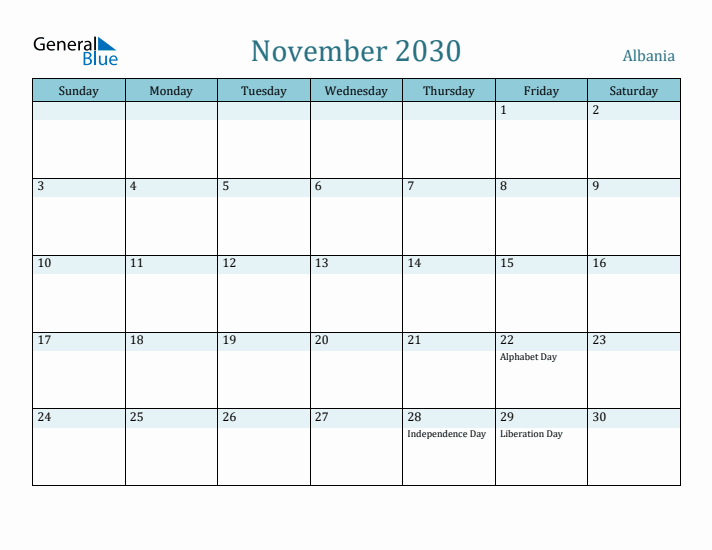 November 2030 Calendar with Holidays