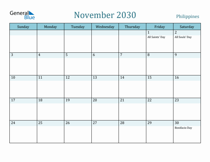 November 2030 Calendar with Holidays