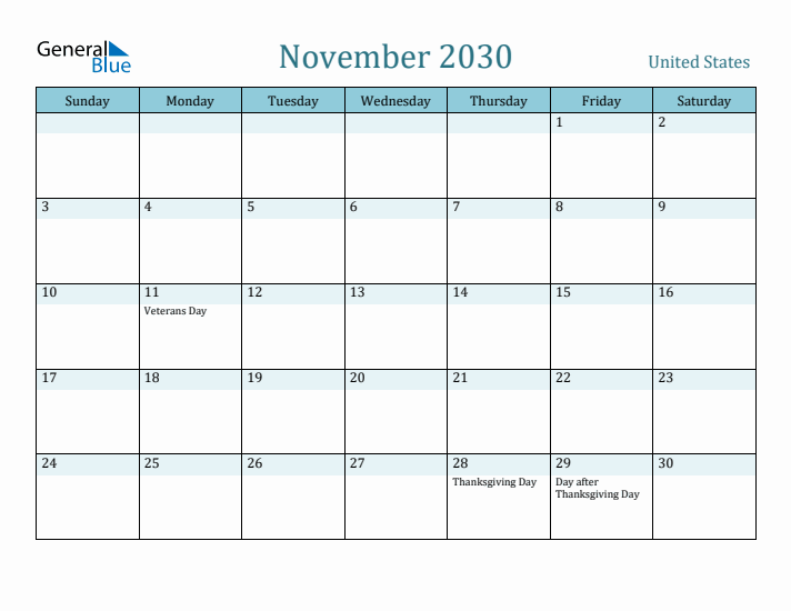 November 2030 Calendar with Holidays