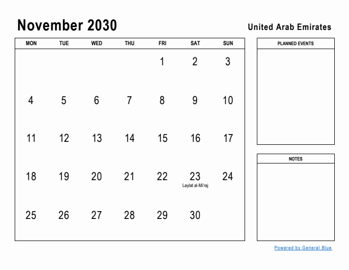 November 2030 Printable Monthly Calendar with United Arab Emirates Holidays