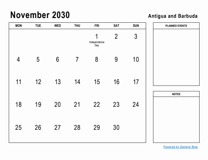 November 2030 Printable Monthly Calendar with Antigua and Barbuda Holidays