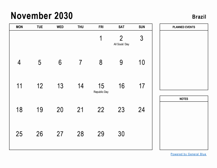 November 2030 Printable Monthly Calendar with Brazil Holidays