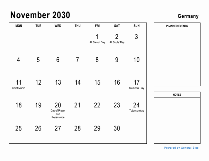 November 2030 Printable Monthly Calendar with Germany Holidays