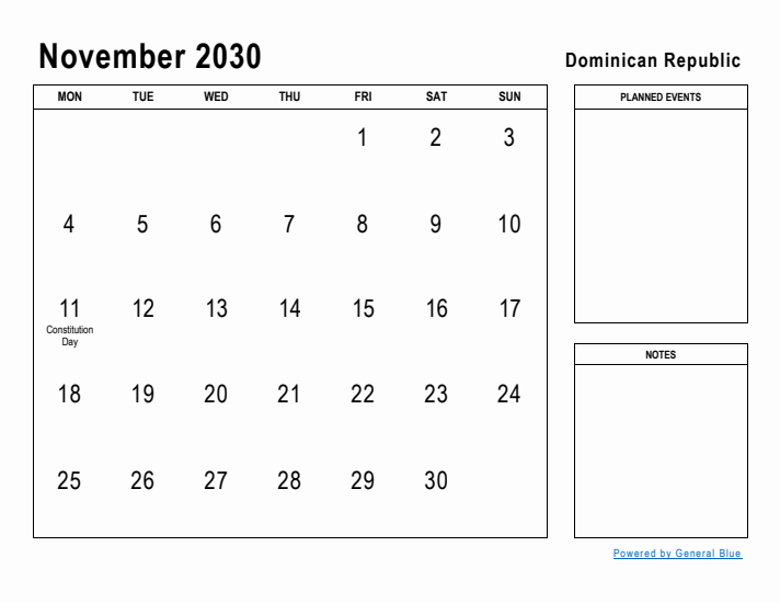 November 2030 Printable Monthly Calendar with Dominican Republic Holidays