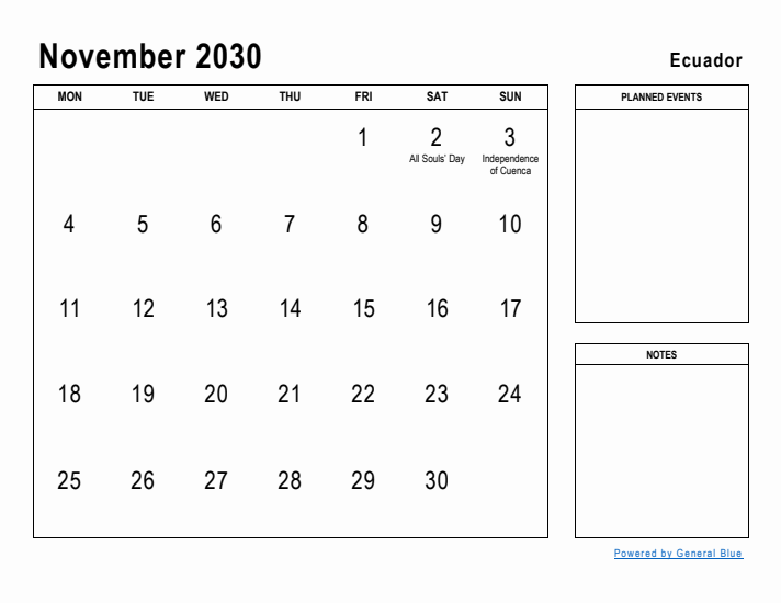 November 2030 Printable Monthly Calendar with Ecuador Holidays