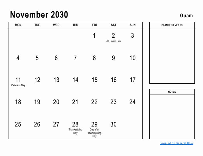 November 2030 Printable Monthly Calendar with Guam Holidays