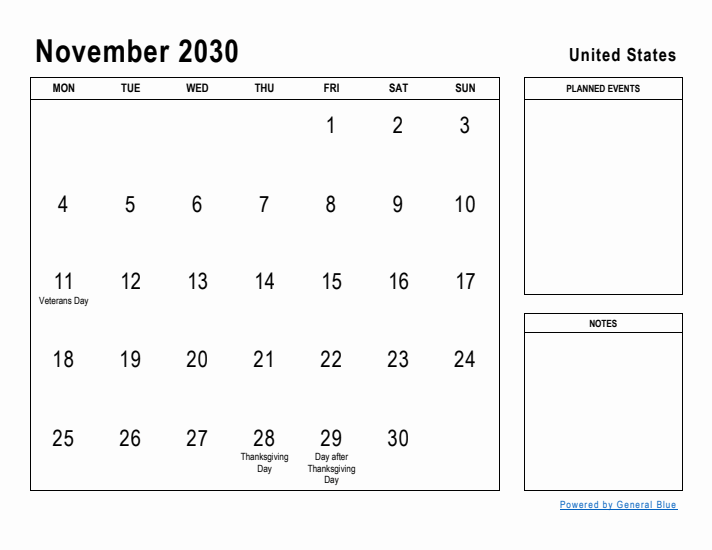 November 2030 Printable Monthly Calendar with United States Holidays