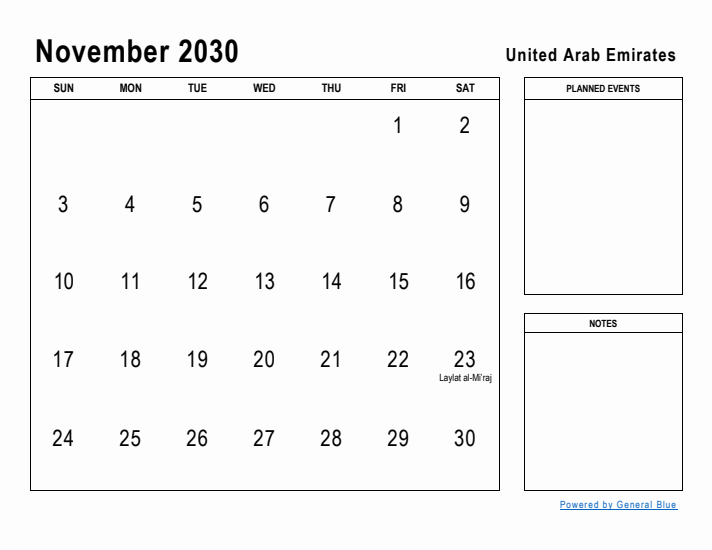 November 2030 Printable Monthly Calendar with United Arab Emirates Holidays