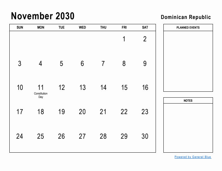 November 2030 Printable Monthly Calendar with Dominican Republic Holidays