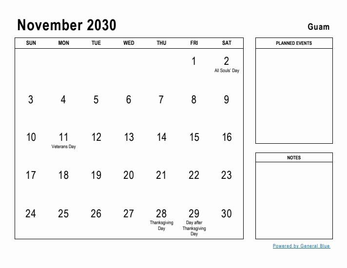 November 2030 Printable Monthly Calendar with Guam Holidays