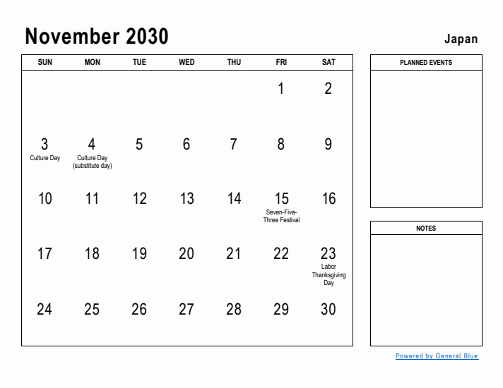 November 2030 Printable Monthly Calendar with Japan Holidays