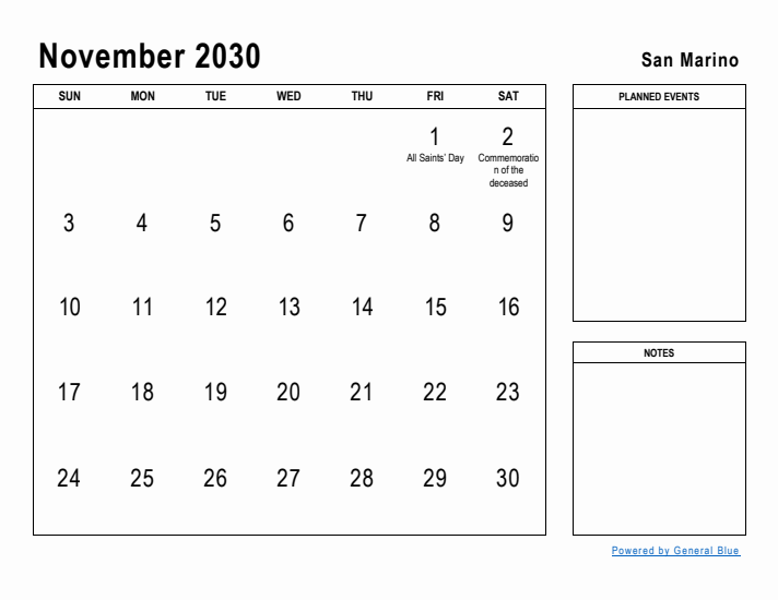 November 2030 Printable Monthly Calendar with San Marino Holidays