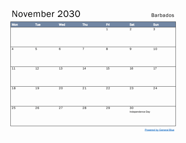 November 2030 Simple Monthly Calendar for Barbados