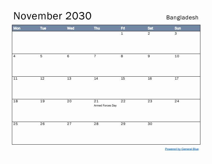 November 2030 Simple Monthly Calendar for Bangladesh