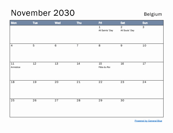 November 2030 Simple Monthly Calendar for Belgium