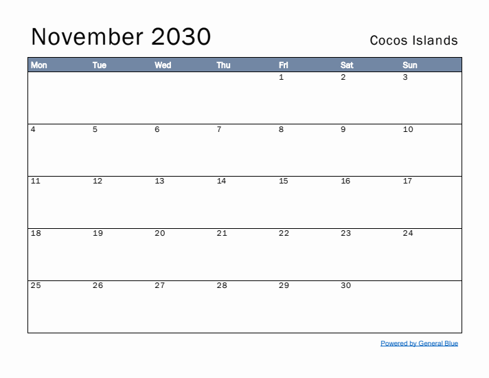 November 2030 Simple Monthly Calendar for Cocos Islands