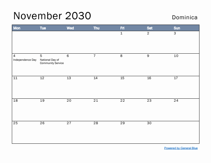 November 2030 Simple Monthly Calendar for Dominica