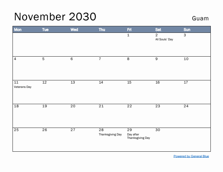 November 2030 Simple Monthly Calendar for Guam