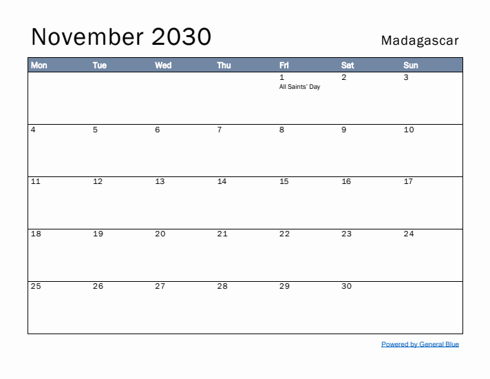 November 2030 Simple Monthly Calendar for Madagascar