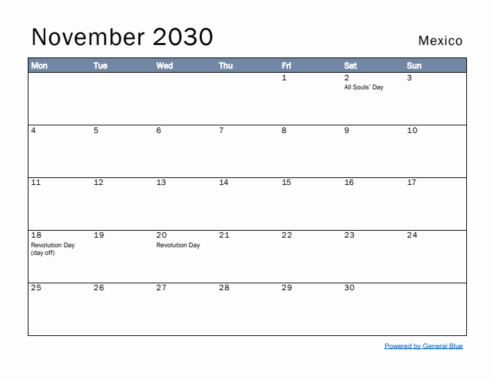 November 2030 Simple Monthly Calendar for Mexico