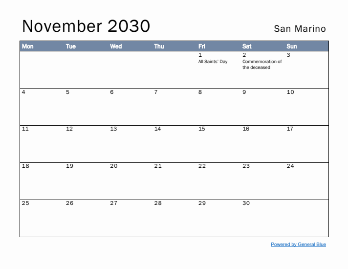 November 2030 Simple Monthly Calendar for San Marino