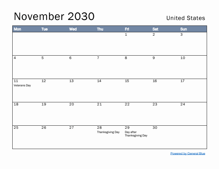 November 2030 Simple Monthly Calendar for United States