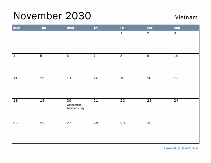 November 2030 Simple Monthly Calendar for Vietnam