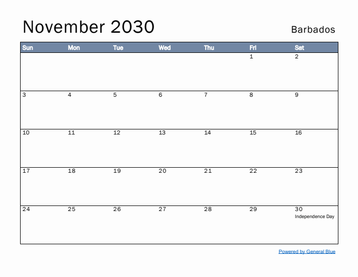 November 2030 Simple Monthly Calendar for Barbados