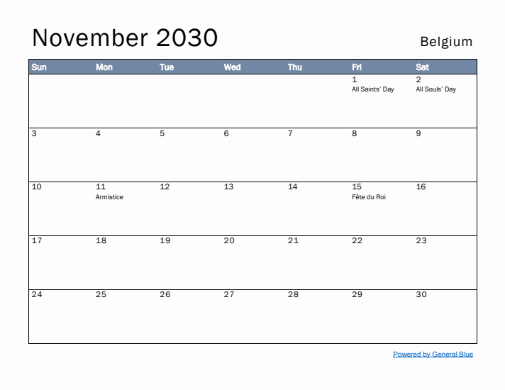 November 2030 Simple Monthly Calendar for Belgium