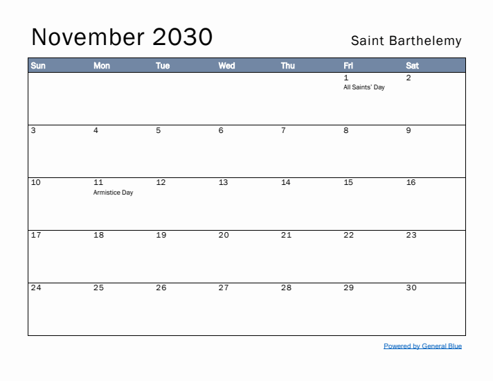 November 2030 Simple Monthly Calendar for Saint Barthelemy