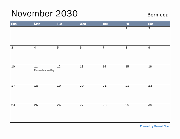 November 2030 Simple Monthly Calendar for Bermuda