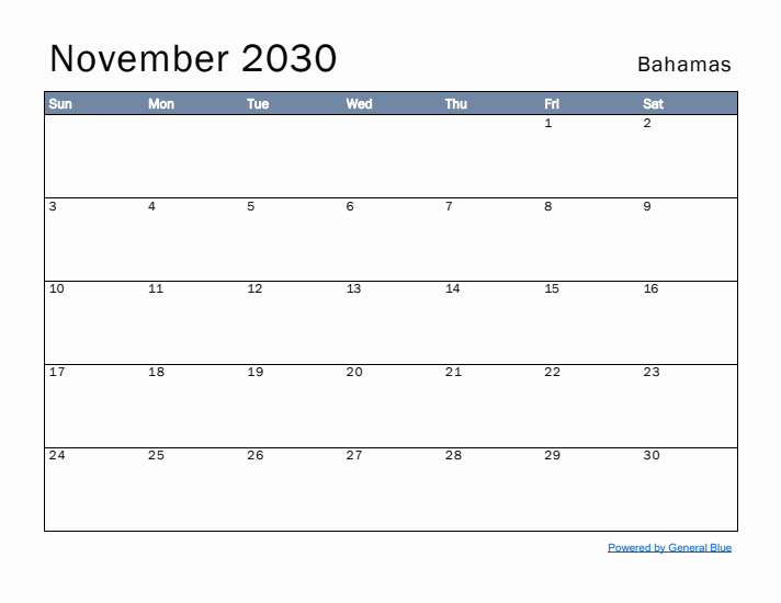 November 2030 Simple Monthly Calendar for Bahamas