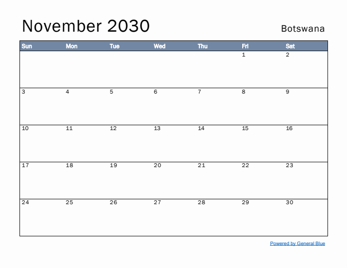 November 2030 Simple Monthly Calendar for Botswana