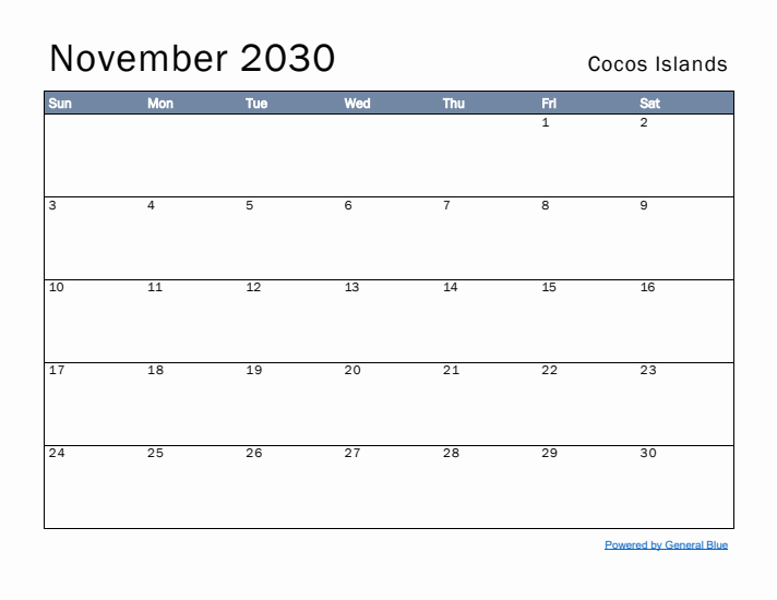 November 2030 Simple Monthly Calendar for Cocos Islands