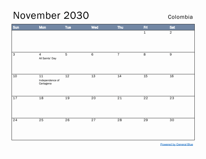 November 2030 Simple Monthly Calendar for Colombia