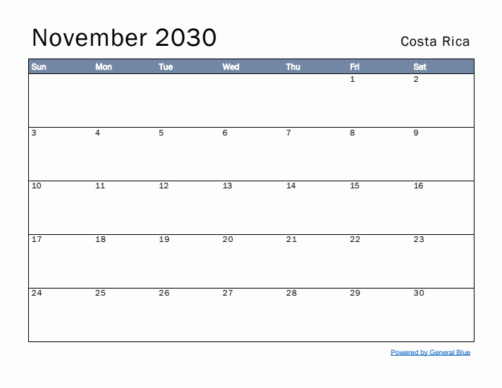 November 2030 Simple Monthly Calendar for Costa Rica