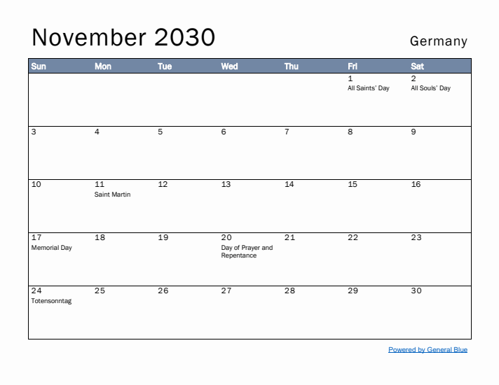 November 2030 Simple Monthly Calendar for Germany