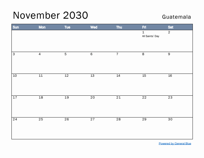 November 2030 Simple Monthly Calendar for Guatemala